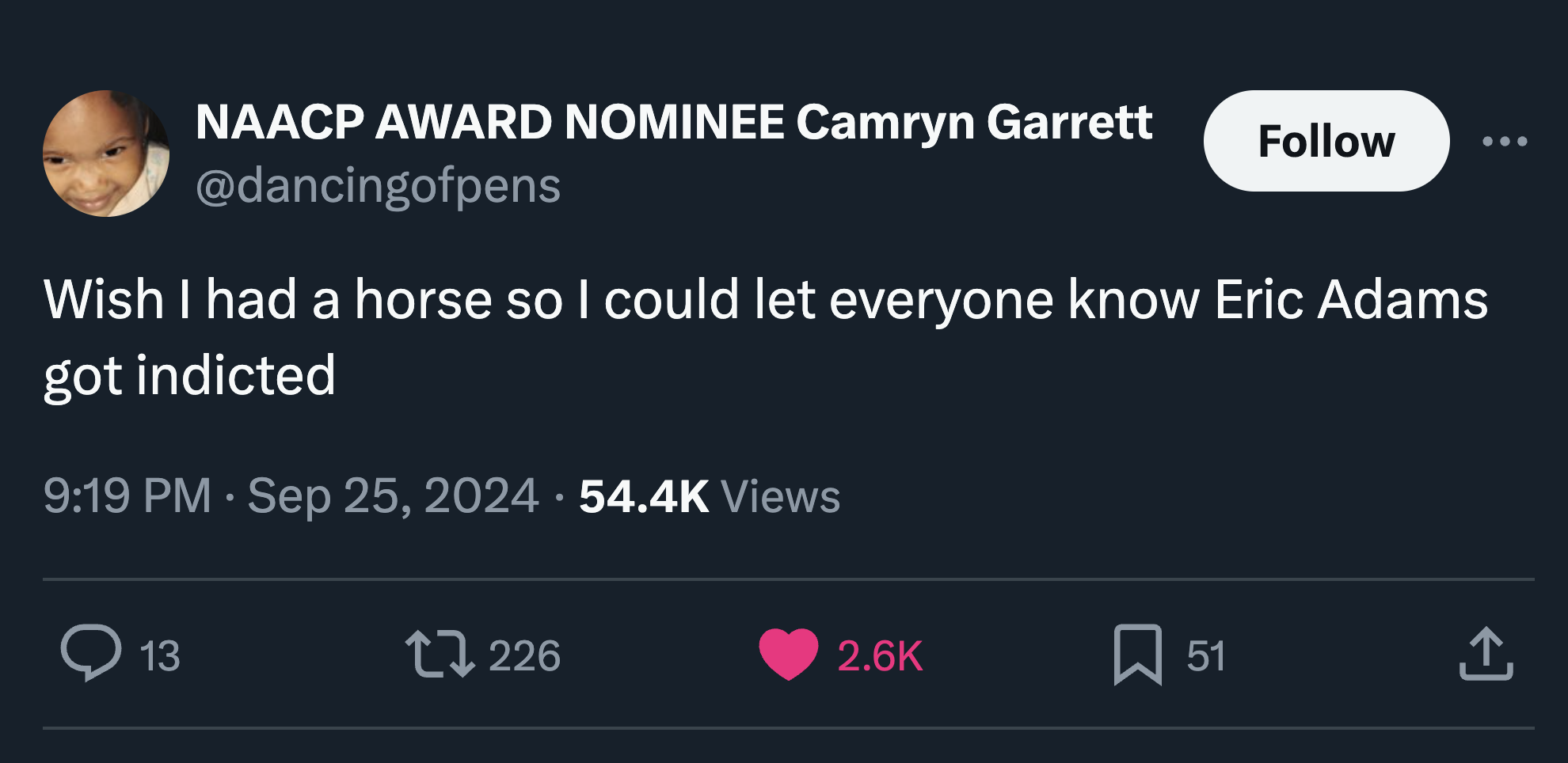 screenshot - Naacp Award Nominee Camryn Garrett Wish I had a horse so I could let everyone know Eric Adams got indicted Views 13 17226 51